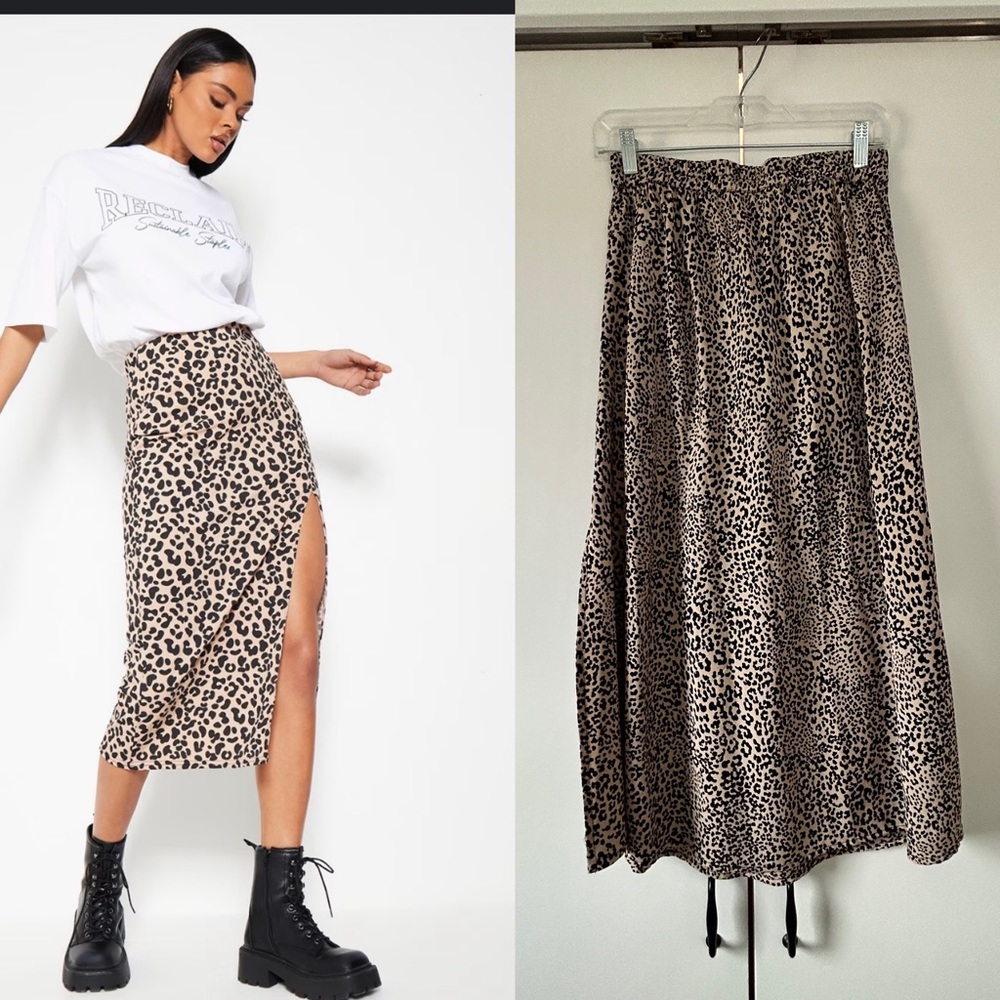 Leopard print thigh slit midi skirt size m
